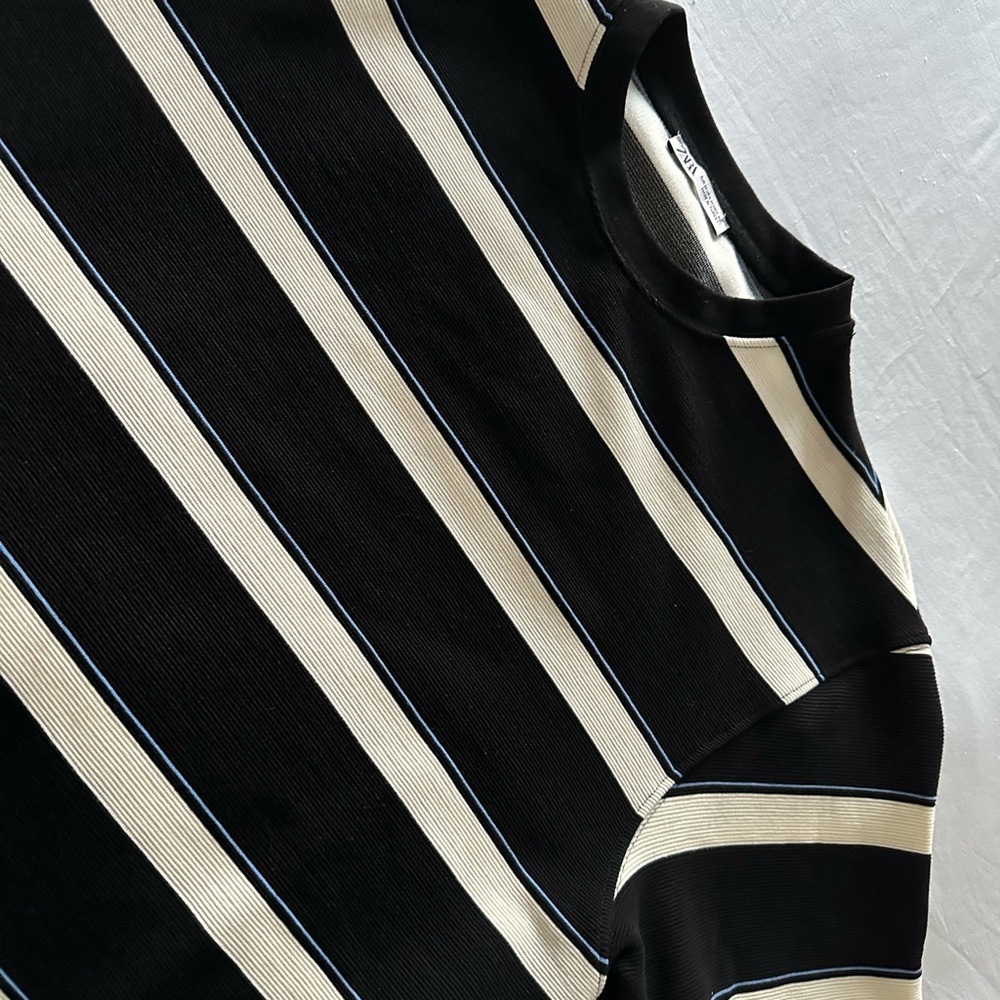 Zara Short Sleeve Black and Cream Striped Tee - Picture 2 of 3
